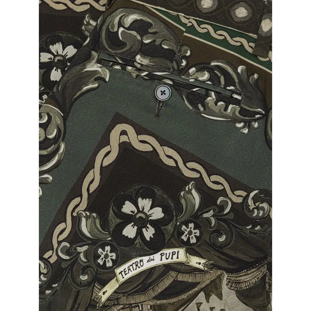 Chemise en soie vert foncé avec motif floral noir et blanc et bannière teatro di pupi pour pantalon décontracté dolce & gabbana en coton vert