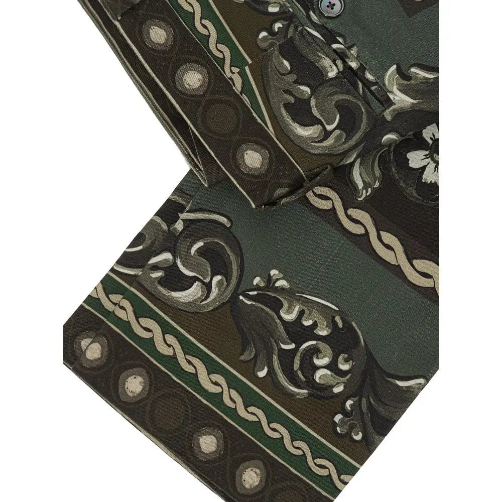 Chemise en soie vert foncé avec broderies baroques noires et crème aux cols et poignets pour dolce gabbana pantalon vert en coton casual