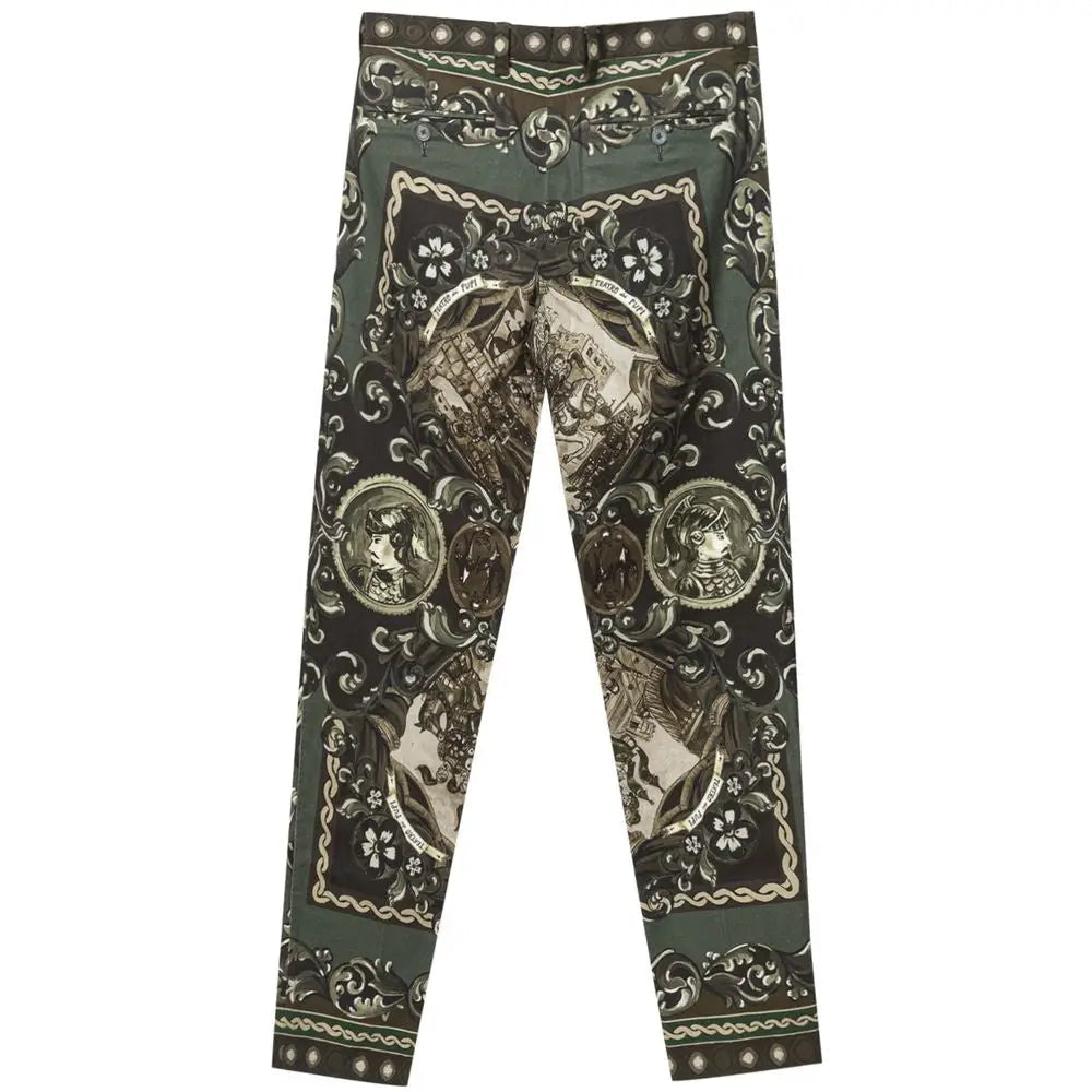 Pantalon casual en coton vert dolce & gabbana en soie avec imprimé vintage orné de cadres, portraits et motifs floraux crème noir