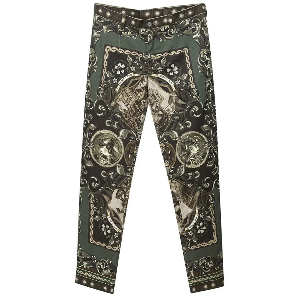 Pantalon casual vert en coton dolce gabbana avec imprimé vintage complexe orné de portraits et motifs floraux crème et noir
