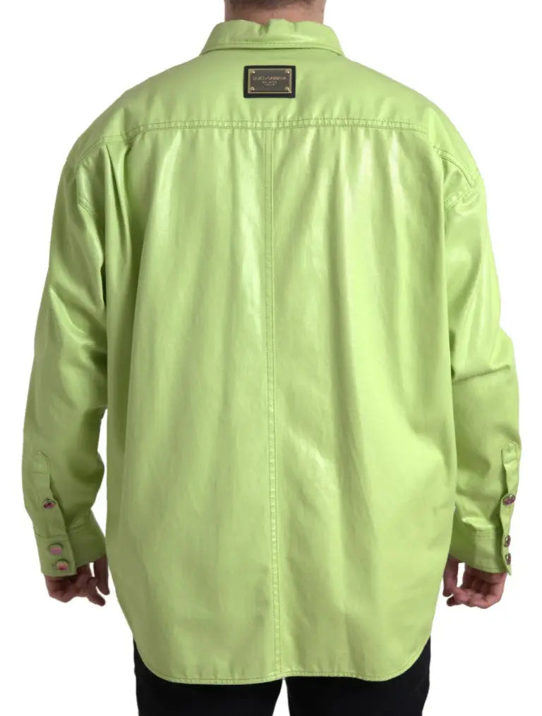 Chemise boutonnée en coton vert lime brillant avec patch de marque au col dolce & gabbana