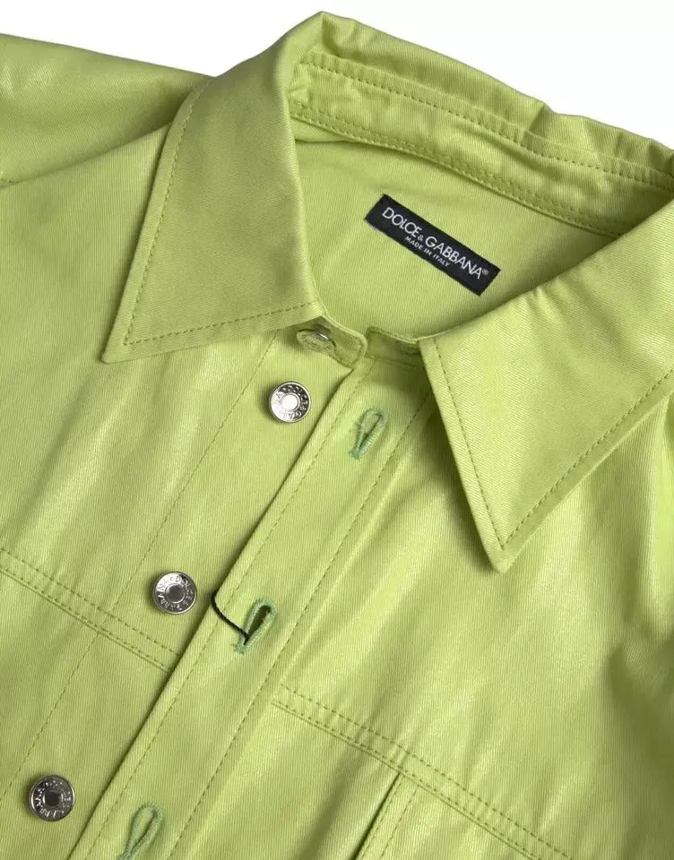 Chemise décontractée dolce & gabbana en coton vert lime avec col structuré et boutons argentés