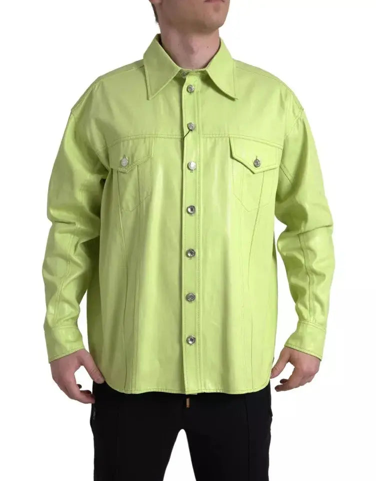 Chemise verte dolce & gabbana en coton avec col classique, boutons argentés et poches poitrine en cuir vert vif