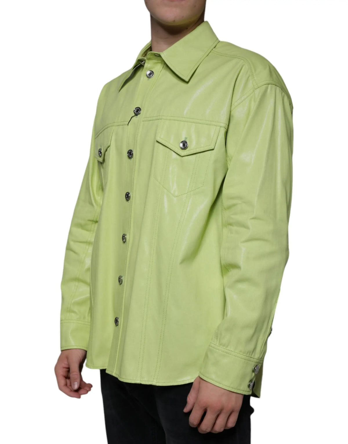 Dolce & gabbana chemise pour homme en coton vert citron avec boutons argentés et poches poitrine en cuir