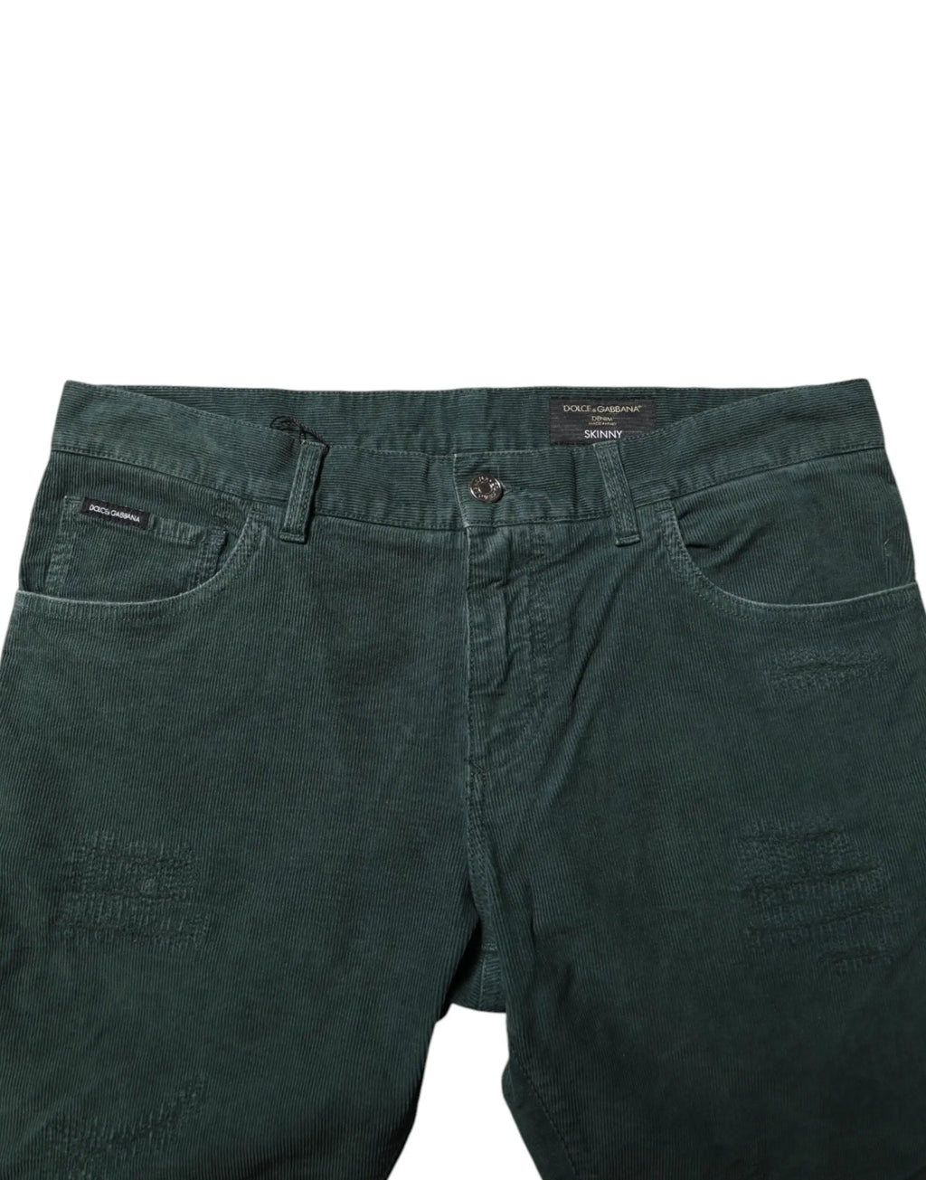 Pantalon skinny en velours côtelé vert foncé en coton dolce gabbana avec aspect usé et décoloration subtile