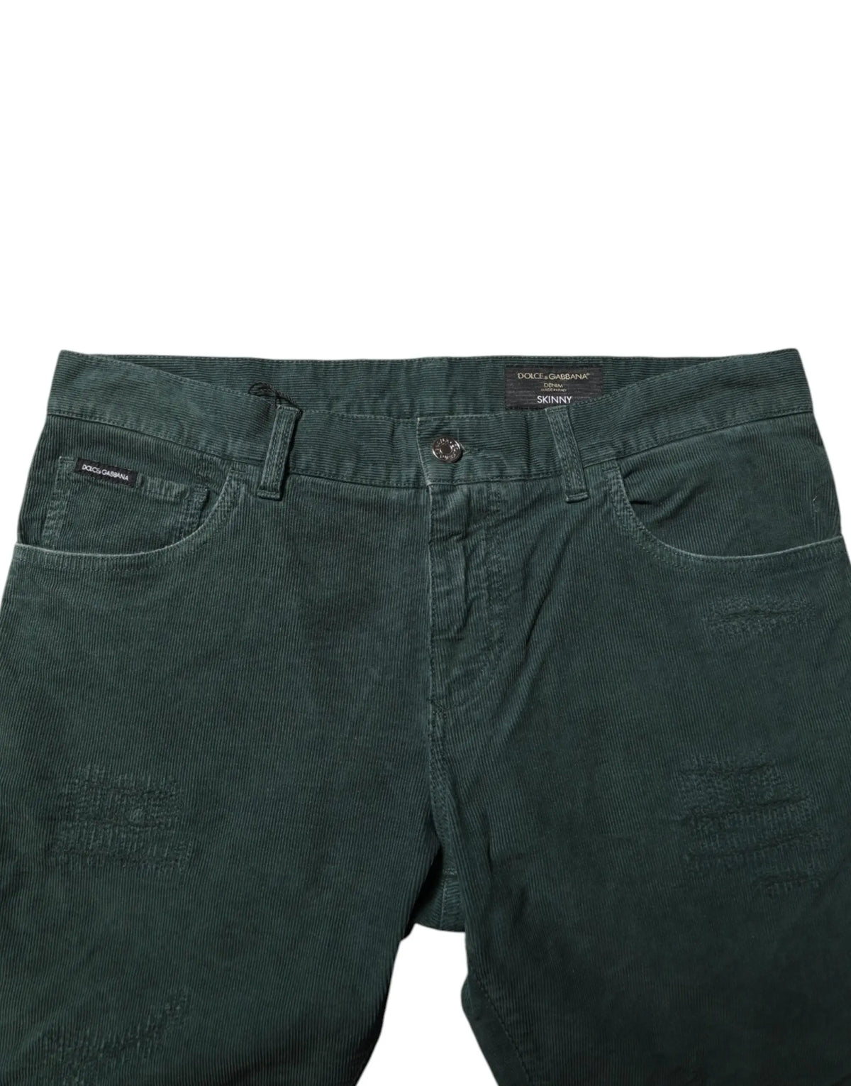 Pantalon skinny en velours côtelé vert foncé en coton dolce gabbana avec aspect usé et décoloration subtile