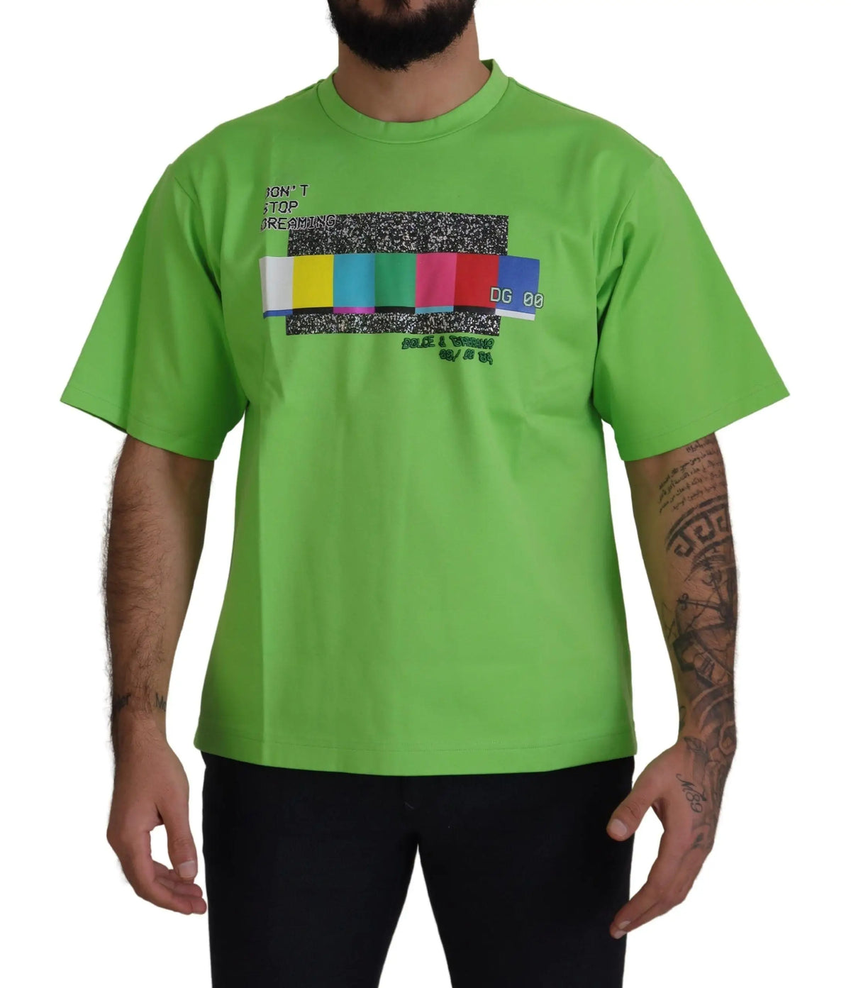 T-shirt dolce & gabbana vert en coton avec manches courtes et graphique tv static et barres de couleurs