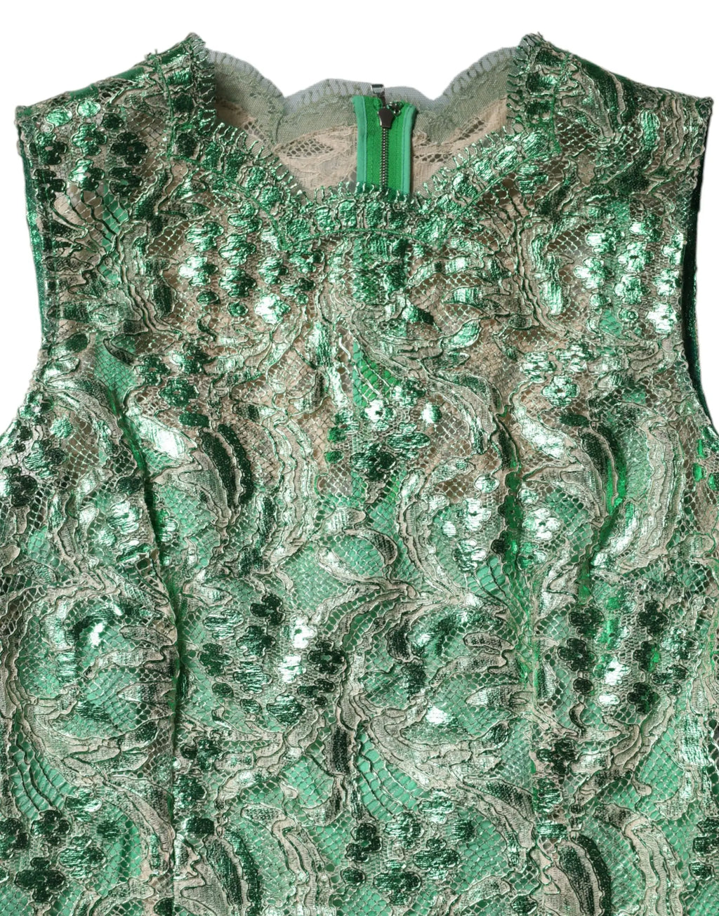 Top sans manches en dentelle à sequins verts émeraude et argent avec fermeture éclair centrale pour dolce & gabbana
