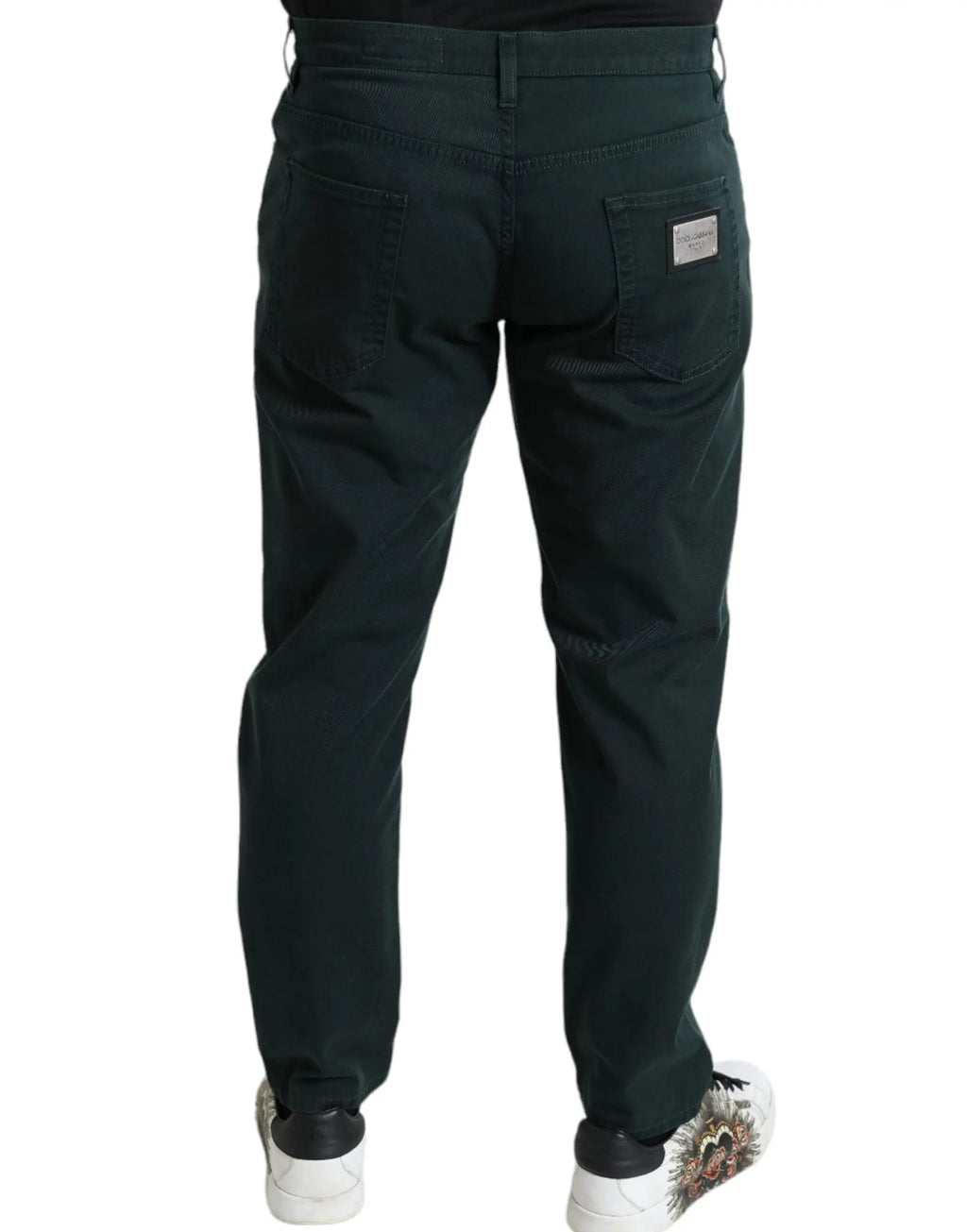 Jeans skinny homme en denim coton stretch vert foncé avec texture subtile et patch marque rectangulaire au dos