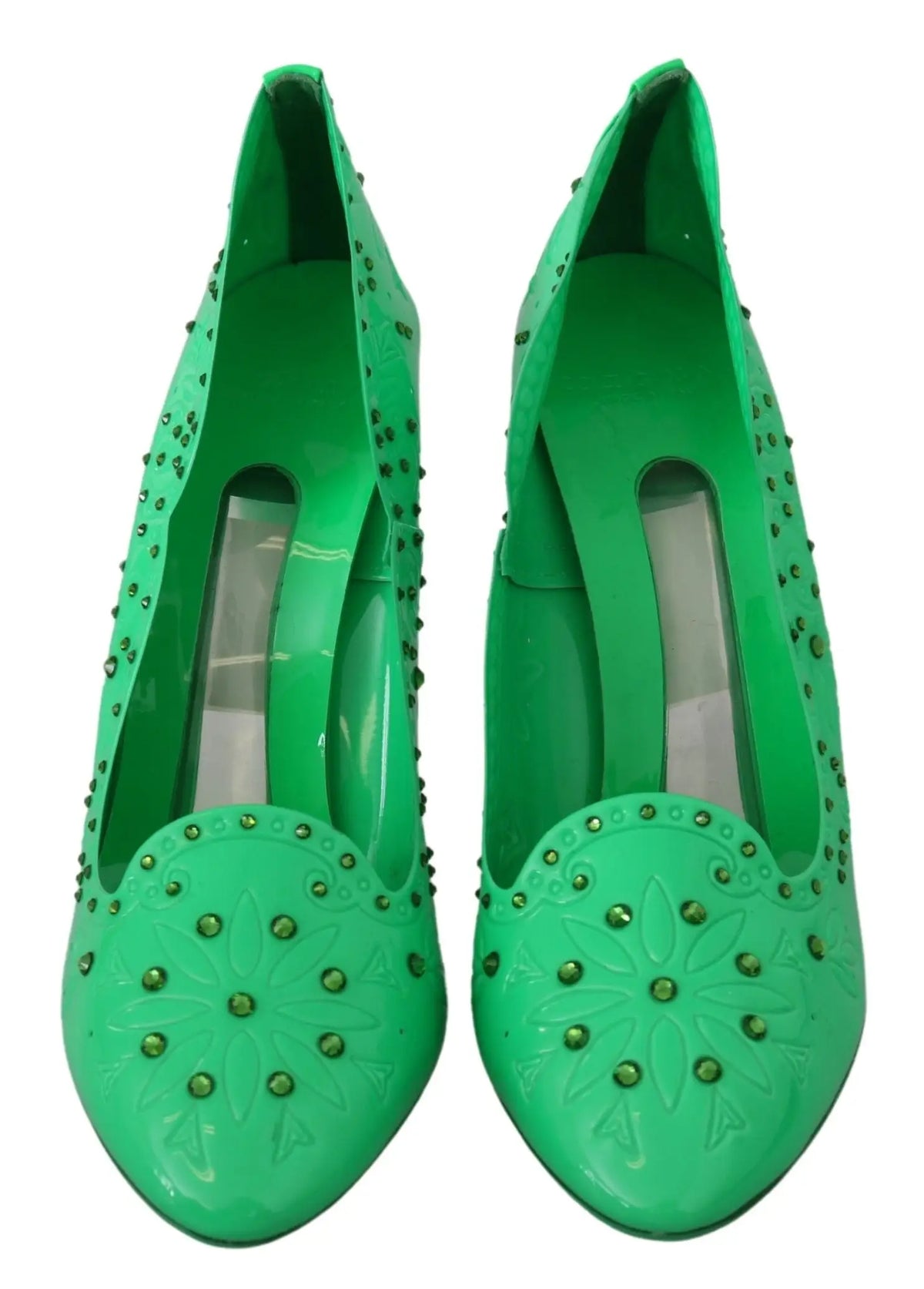 Dolce & gabbana green crystal floral heels pumps en cuir verni vert vif avec motifs floraux embossés et strass étincelants