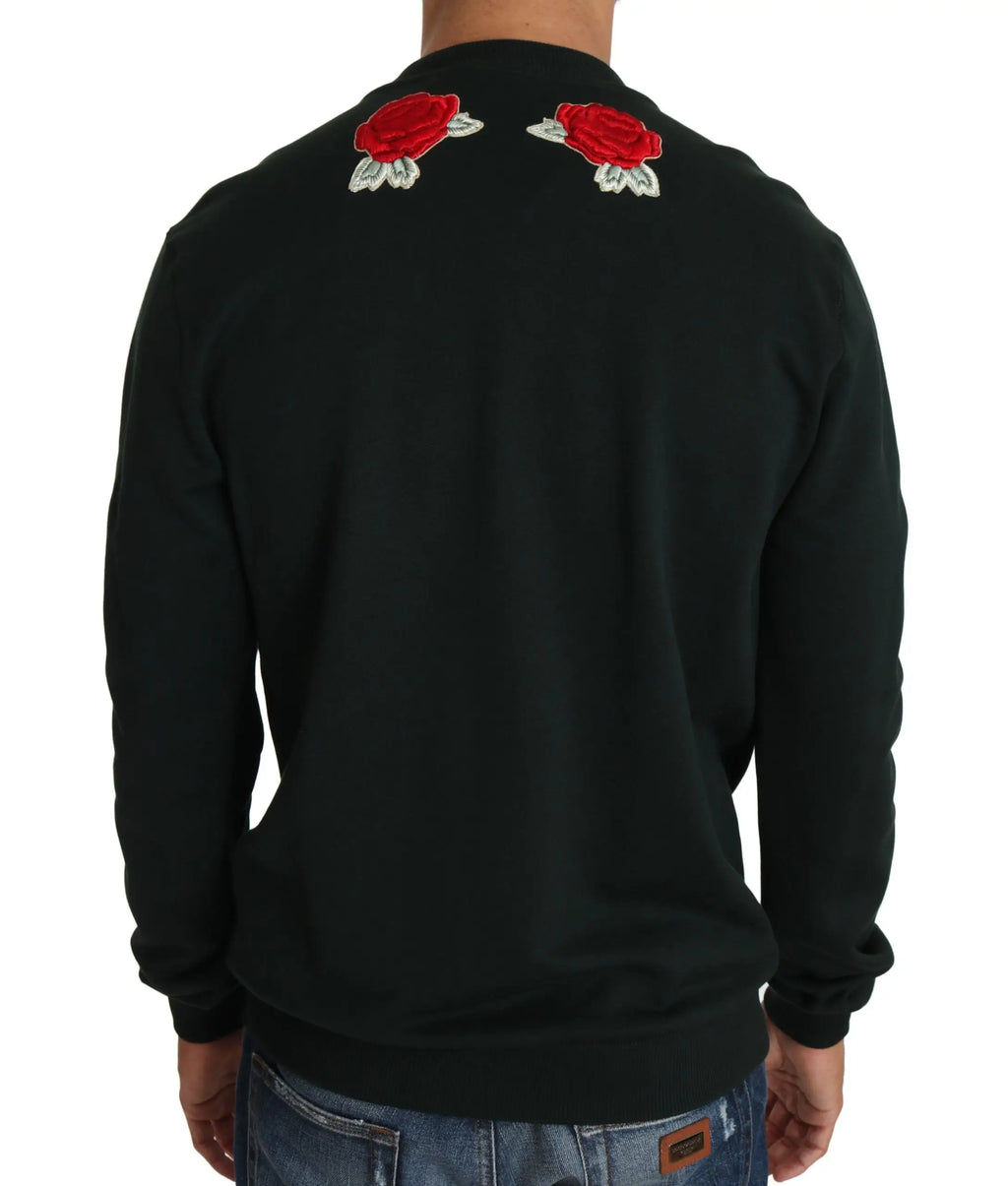 Sweatshirt black manches longues dolce gabbana avec deux roses rouges brodées et pétales blancs au dos