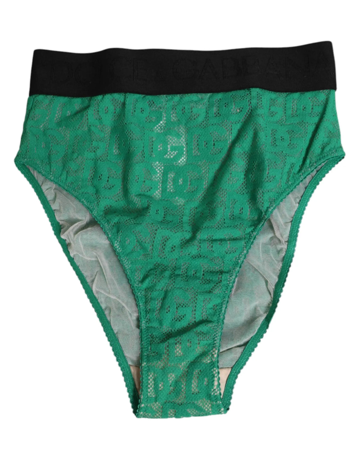 Slip taille haute vert en dentelle dolce gabbana avec ceinture élastique noire et motif en mesh transparent