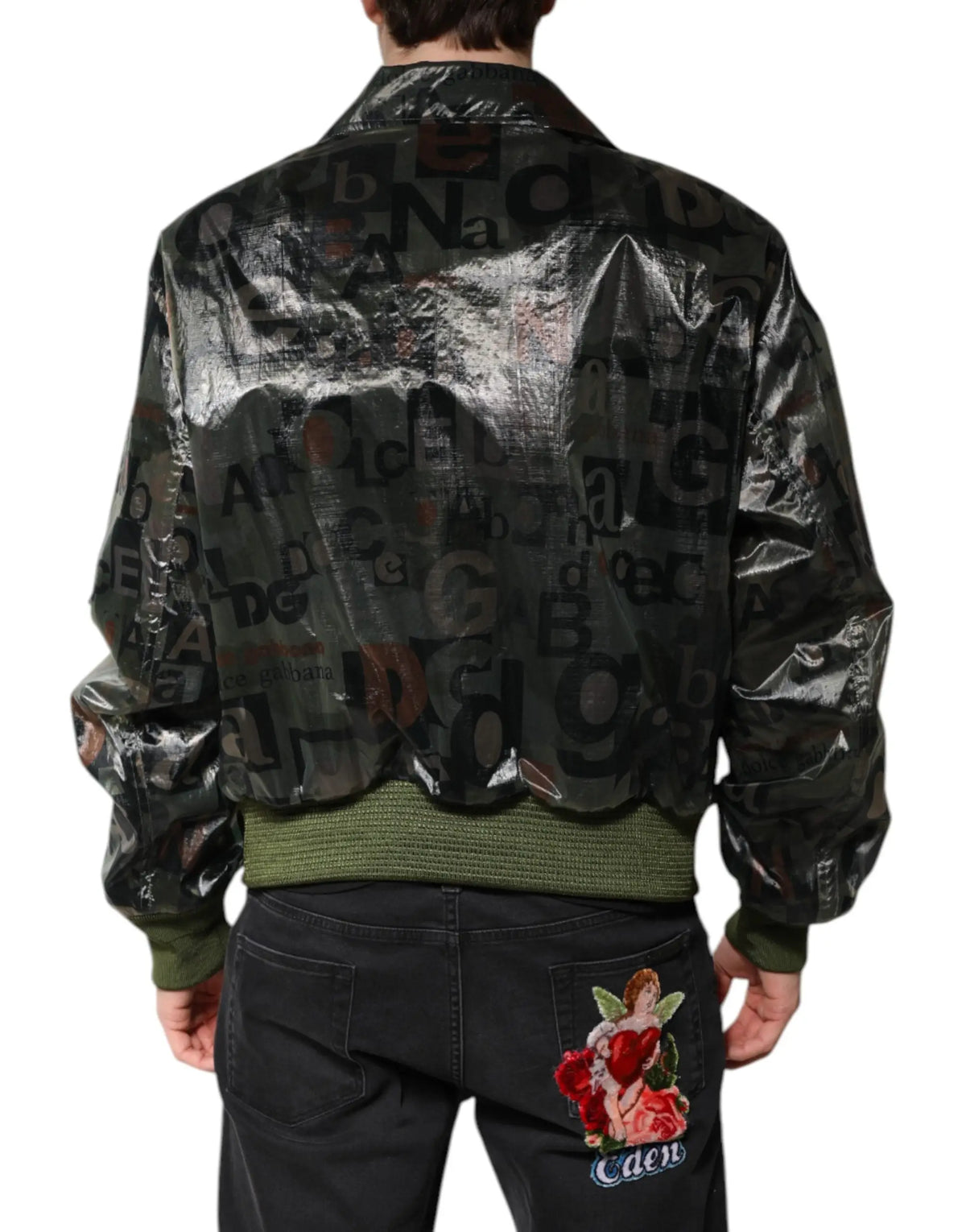 Veste bomber noire brillante dolce & gabbana avec imprimé audacieux de lettres et symboles gris foncé