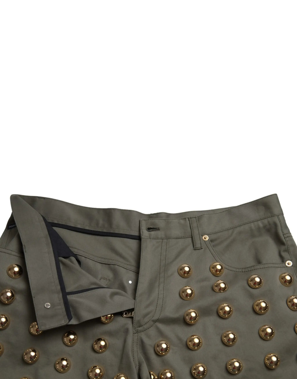Dolce & gabbana green embellished cotton high waist hot pants shorts with olive green denim and gold-toned studs on front