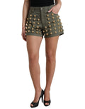 Dolce & gabbana short en denim coton vert olive taille haute orné de clous ronds dorés