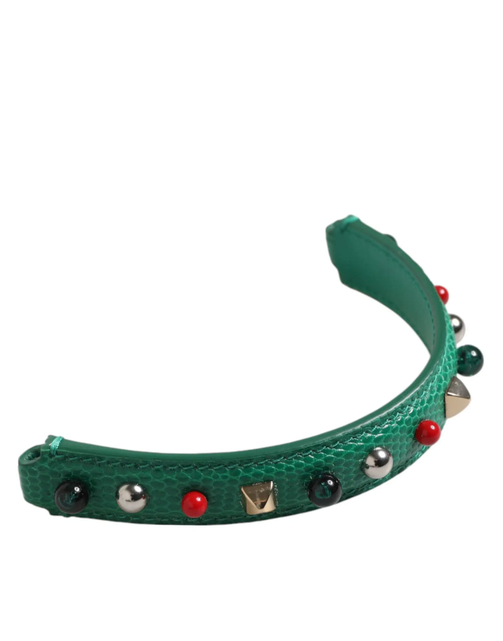 Bandana en cuir de crocodile vert émeraude ornée de clous rouge noir et doré pour sac à bandoulière dolce & gabbana