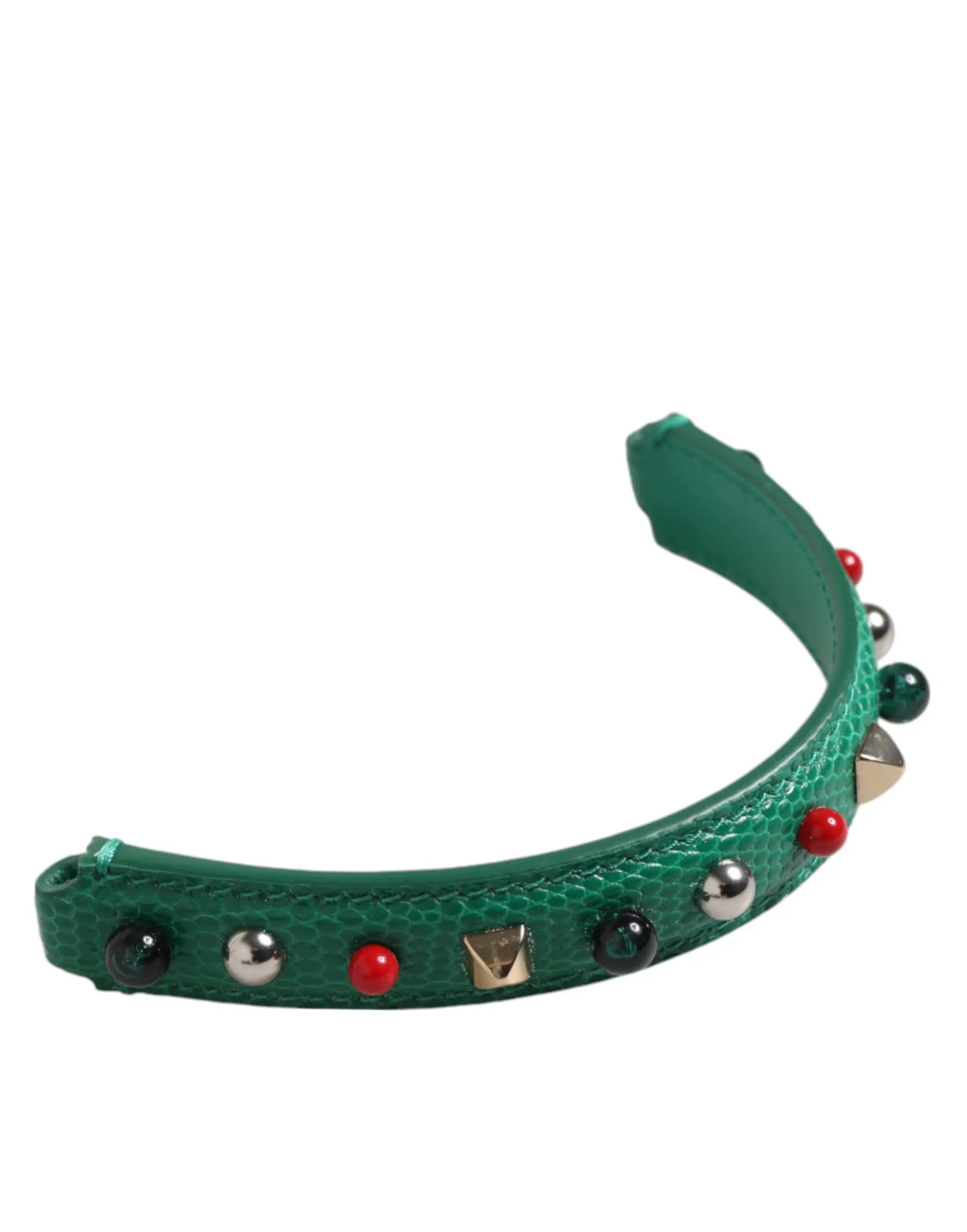 Bandana en cuir de crocodile vert émeraude ornée de clous rouge noir et doré pour sac à bandoulière dolce & gabbana