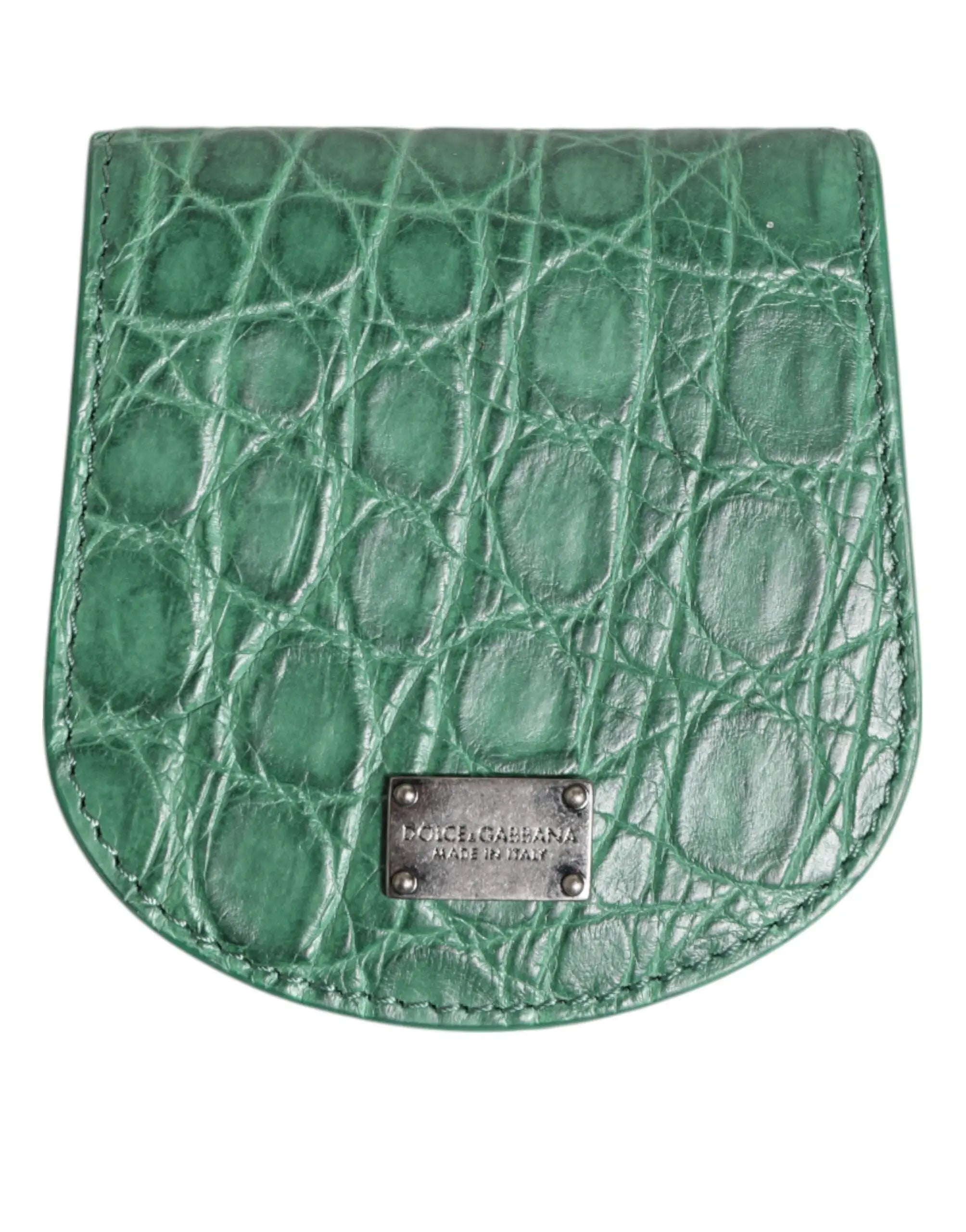 Porte-monnaie vert émeraude en cuir gaufré crocodile dolce gabbana avec plaque métal argenté made in italy