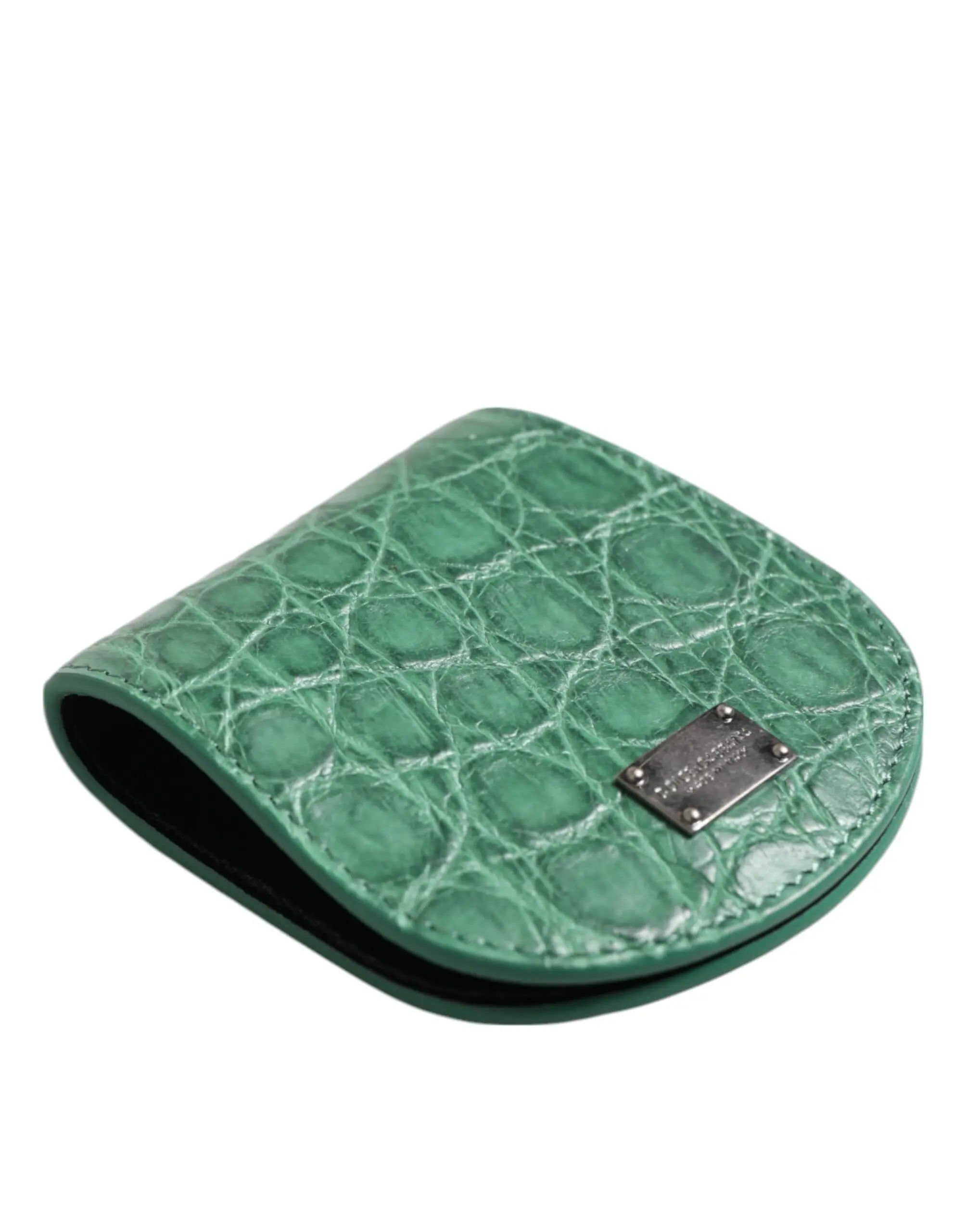 Porte-monnaie compact dolce & gabbana en cuir embossé crocodile vert émeraude avec plaque métallique