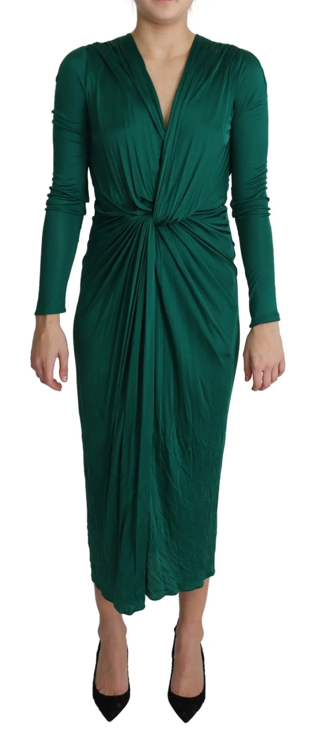 Robe midi ajustée en viscose emerald green avec manches longues drapées et décolleté en v de dolce & gabbana