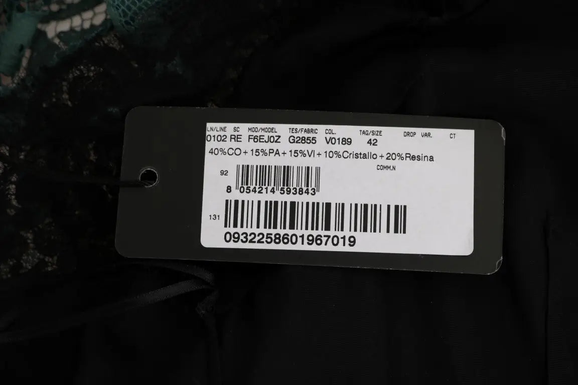 Étiquette noire en tissu avec étiquette blanche affichant les informations produit et code-barres robe Dolce & Gabbana verte à motifs floraux et cristaux ricamo