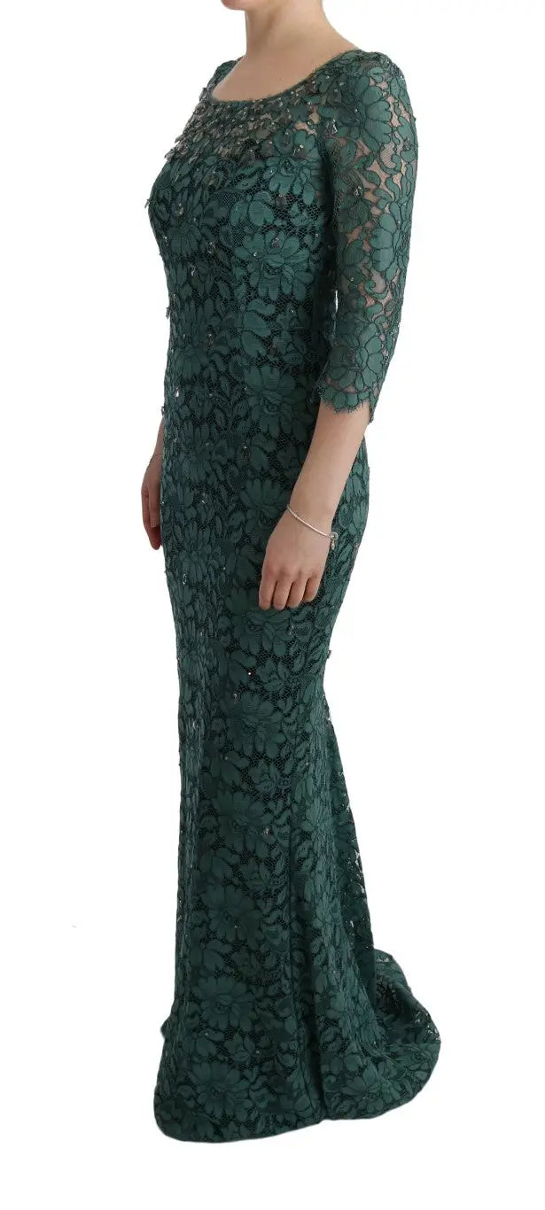 Robe fourreau dolce & gabbana verte en dentelle émeraude avec perles florales et manches trois quarts