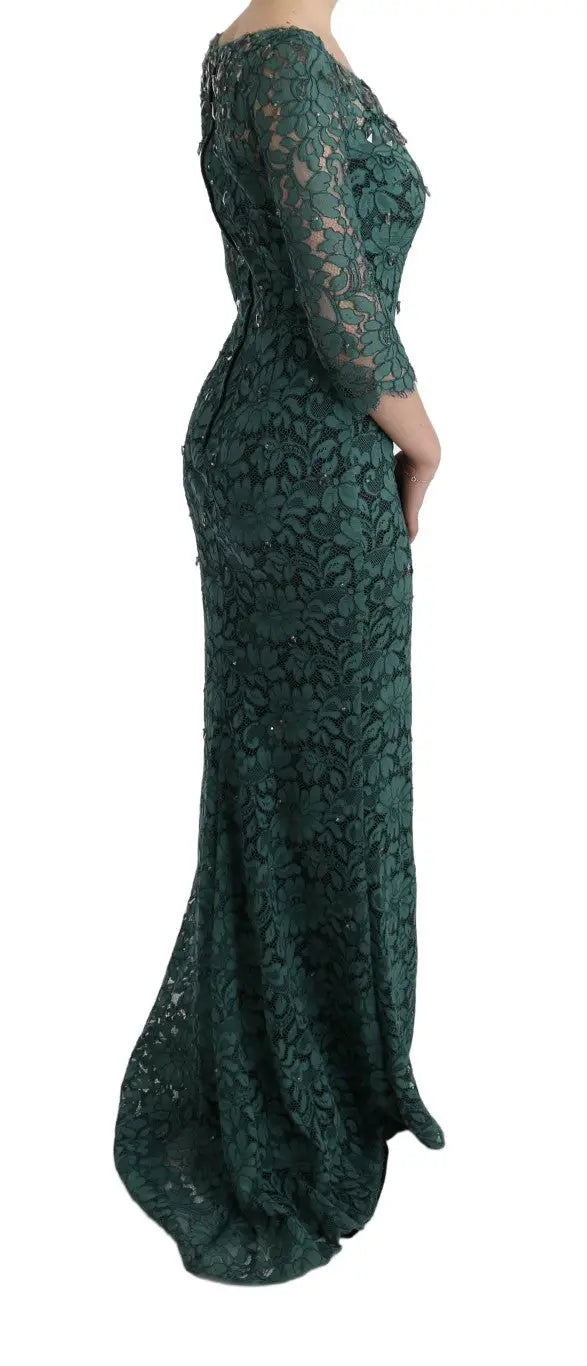 Robe du soir à manches longues en dentelle verte foncée avec silhouette ajustée et motif floral dolce gabbana