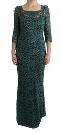 Robe de soirée en dentelle verte émeraude dolce & gabbana avec manches trois-quarts et décolleté carré