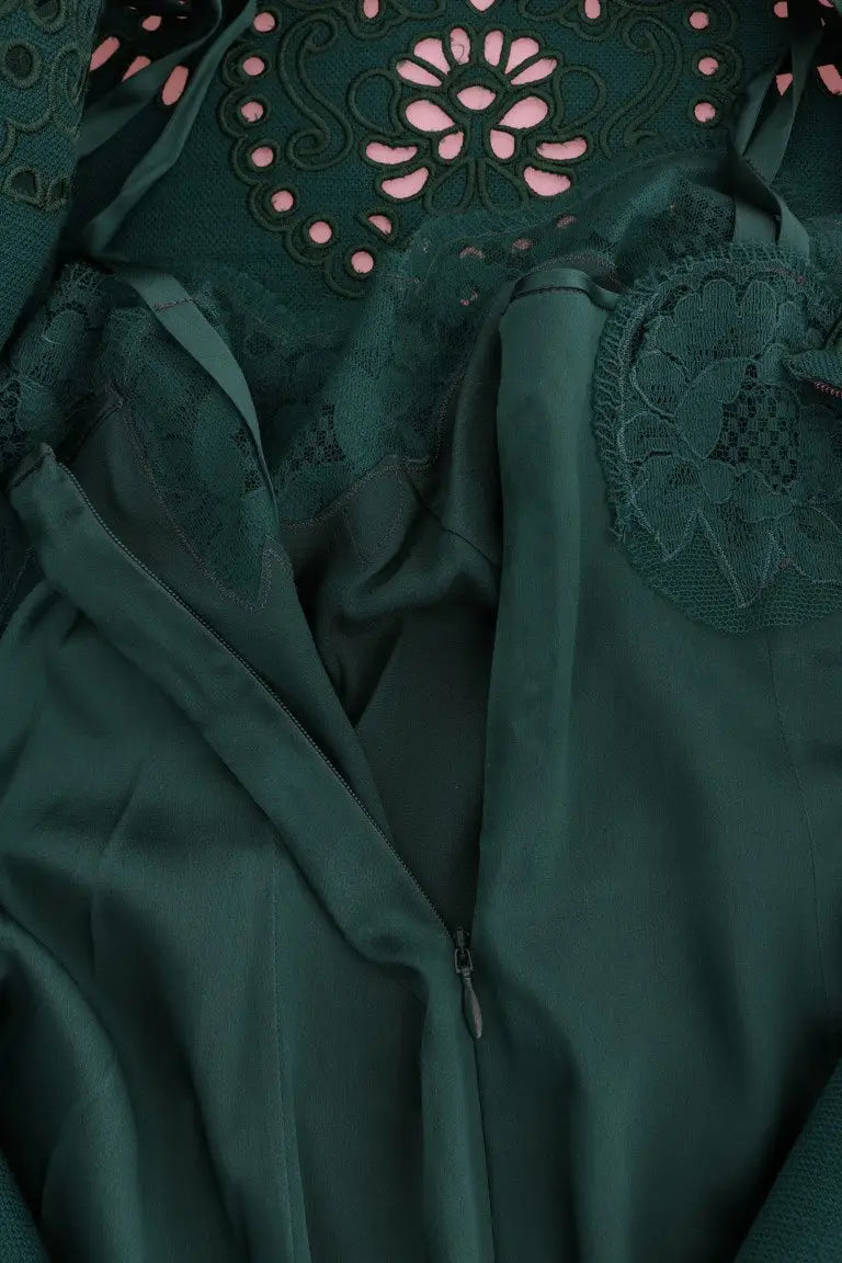 Robe dolce & gabbana verte émeraude en soie et laine avec dentelle détaillée et motifs floraux brodés