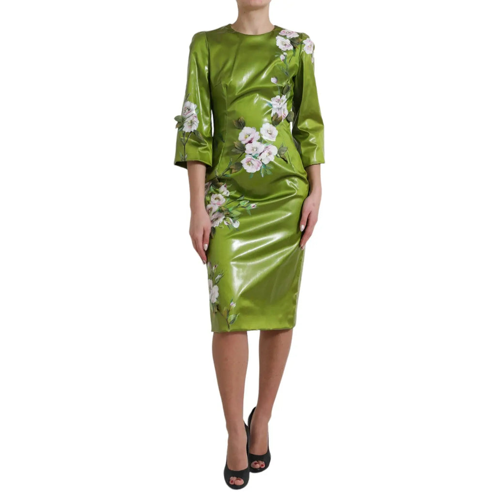 Robe midi droite vert lime en latex brillant avec broderie florale blanche délicate dolce gabbana