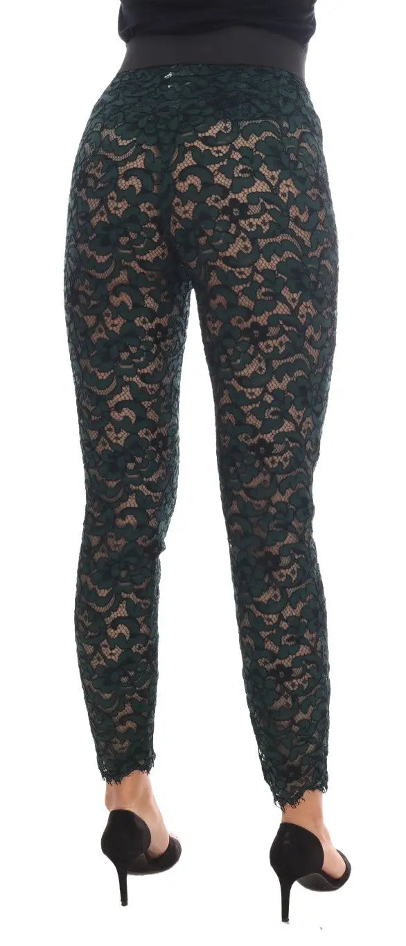 Leggings verts en dentelle florale dolce & gabbana taille haute avec ourlet festonné en dentelle foncée