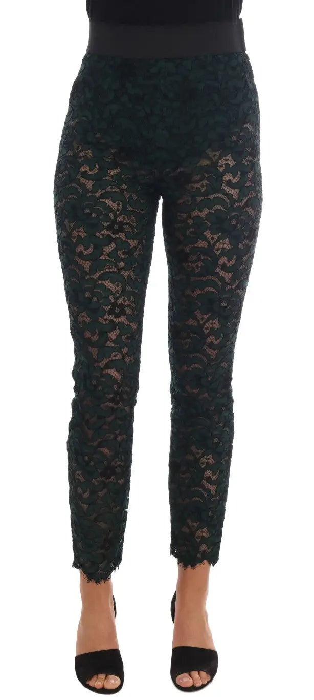 Pantalon leggins en dentelle florale vert foncé dolce gabbana avec taille élastique noire et ourlet effiloché
