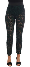 Pantalon leggins en dentelle florale vert foncé dolce gabbana avec taille élastique noire et ourlet effiloché