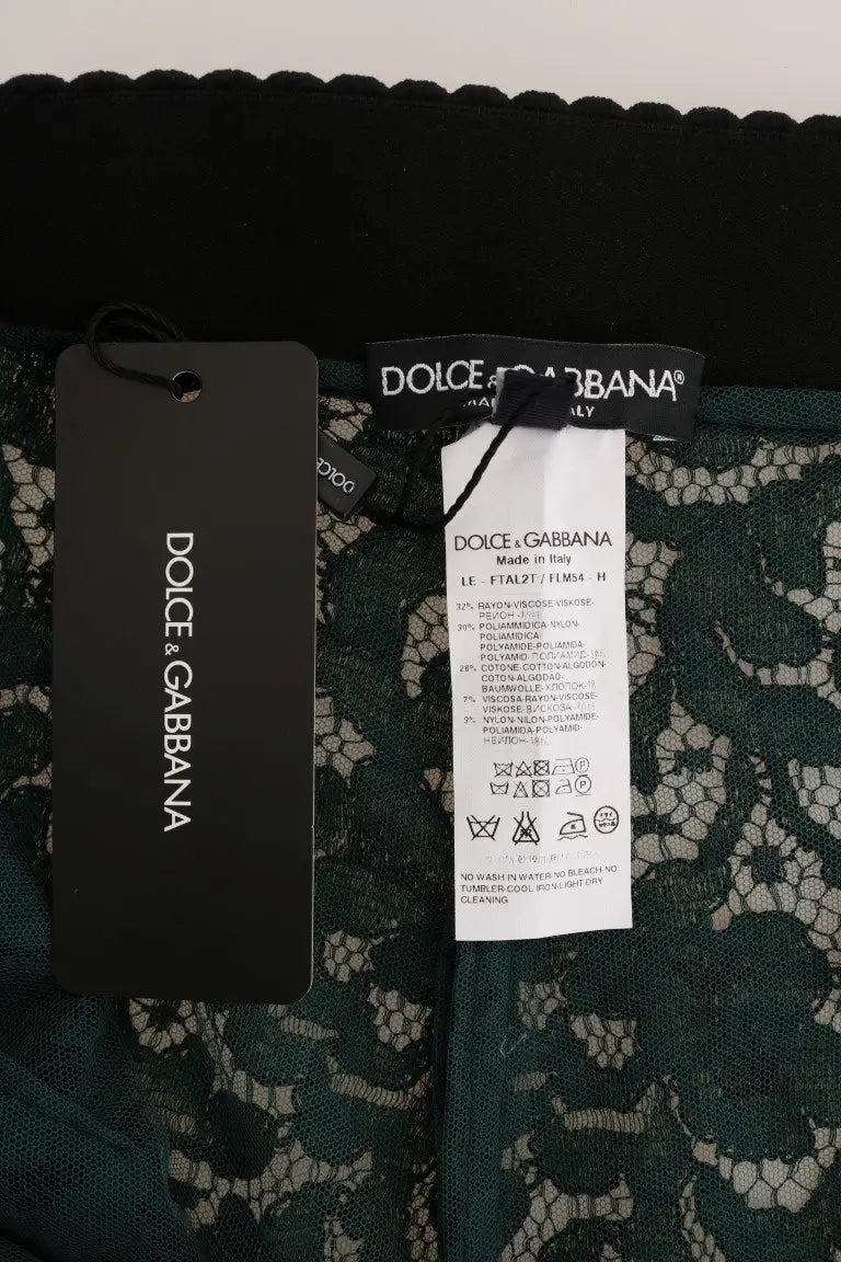 Legging vert dolce & gabbana en dentelle avec motifs floraux blancs et ourlet noir festonné