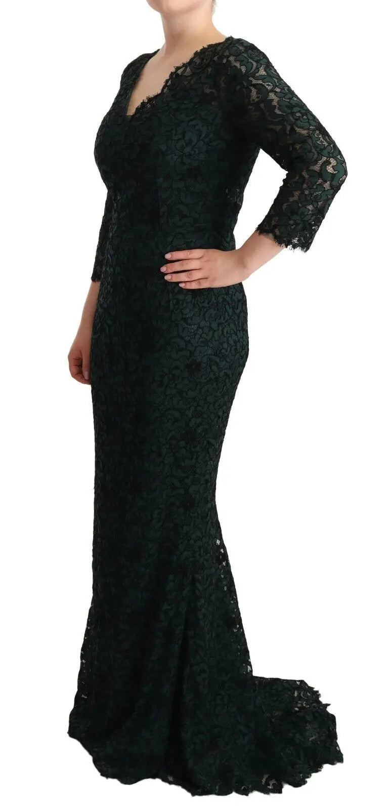 Robe longue en dentelle noire dolce gabbana avec manches trois quarts et décolleté en v style sirène