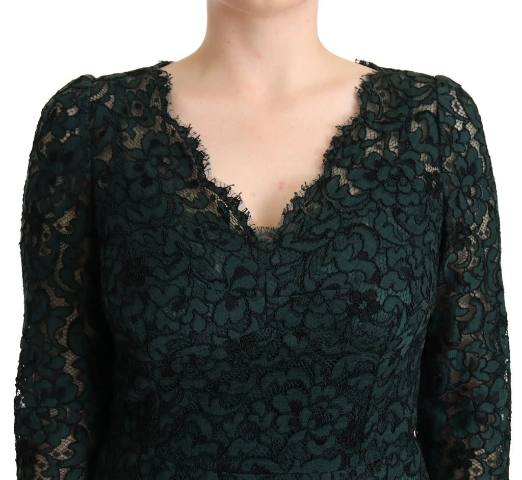 Dolce & gabbana robe maxi en dentelle verte foncée avec motifs floraux et manches longues à encolure en v