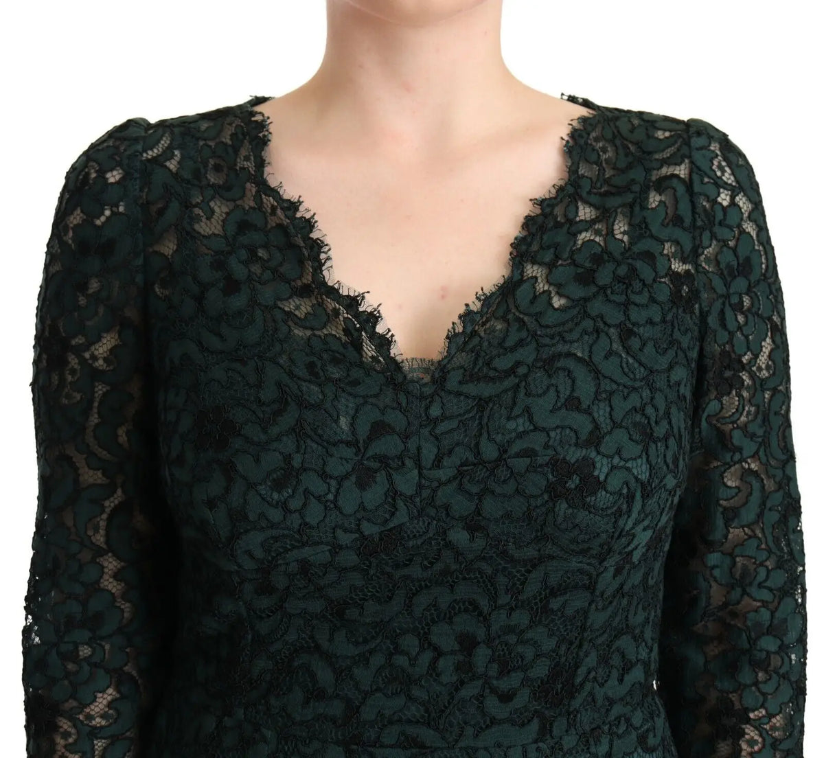 Dolce & gabbana robe maxi en dentelle verte foncée avec motifs floraux et manches longues à encolure en v