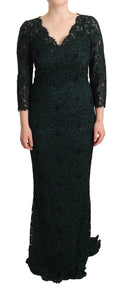 Robe longue en dentelle noire dolce gabbana style sirène manches trois quarts décolleté en v