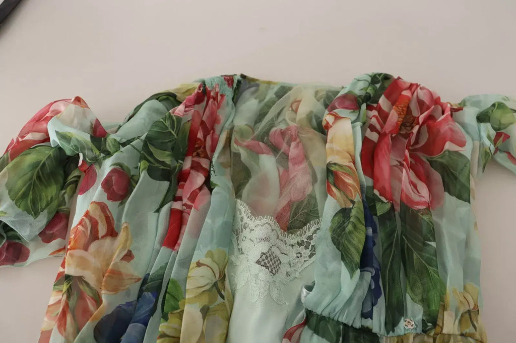 Robe midi verte dolce & gabbana à fleurs avec manches longues volantées et détail délicat en dentelle au col v