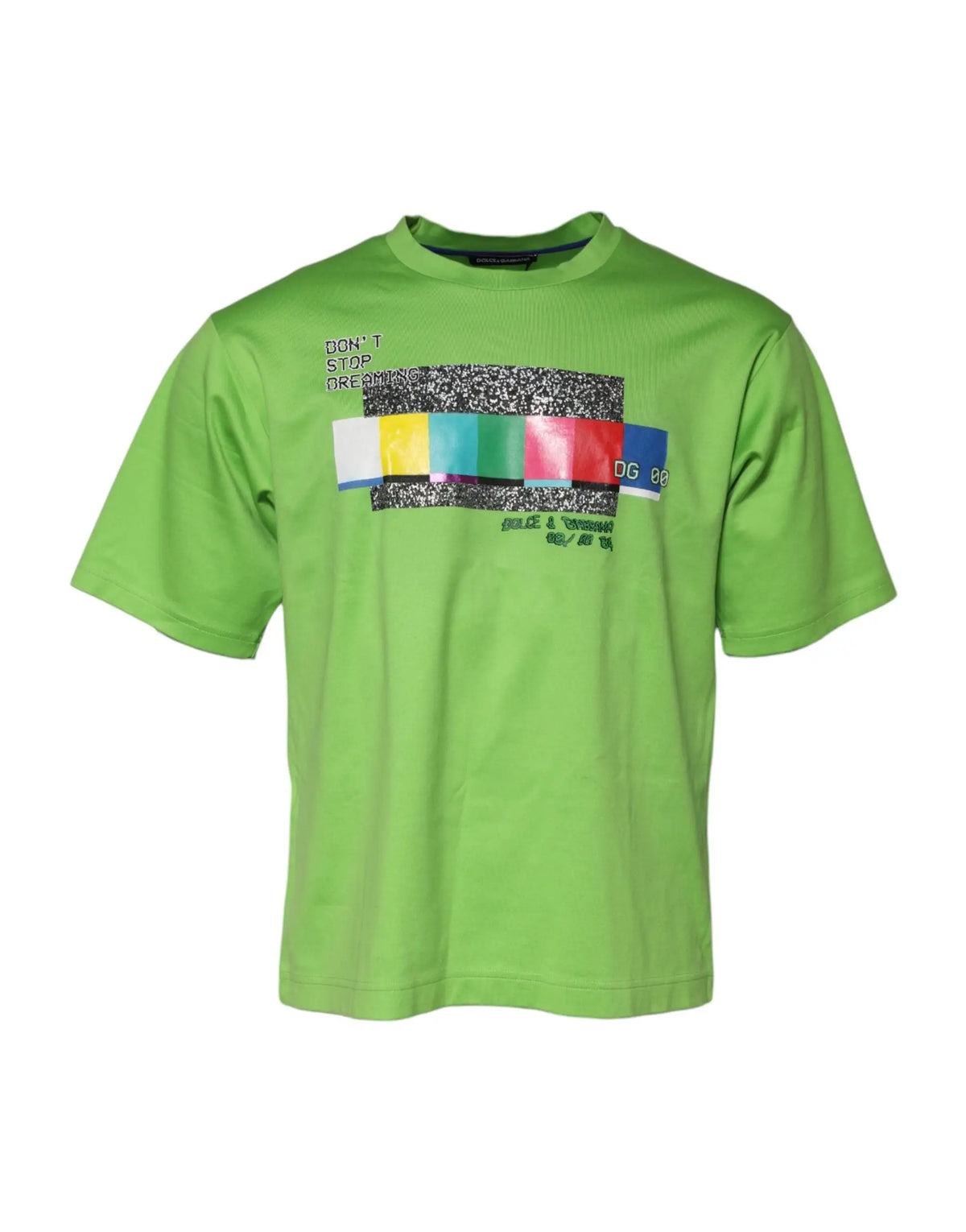 T-shirt dolce & gabbana vert vif à manches courtes avec motif graphique tv test coloré et accents pailletés noirs
