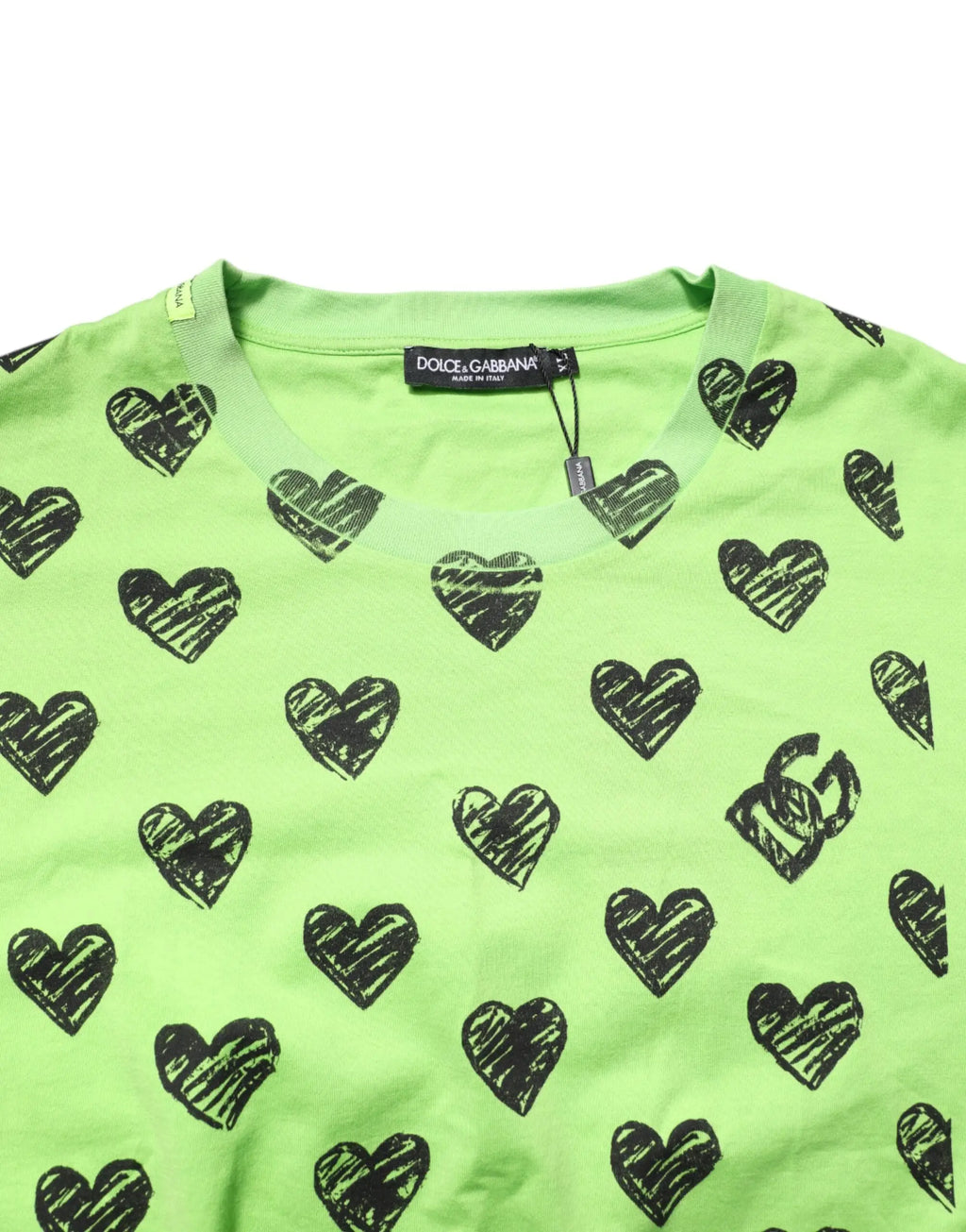 T-shirt dolce & gabbana vert lime en coton avec motif ludique de coeurs noirs et logos dg style croquis