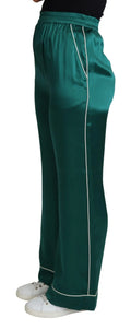 Pantalon de pyjama vert émeraude en satin dolce gabbana avec liseré blanc sur les côtés et les poignets en soie