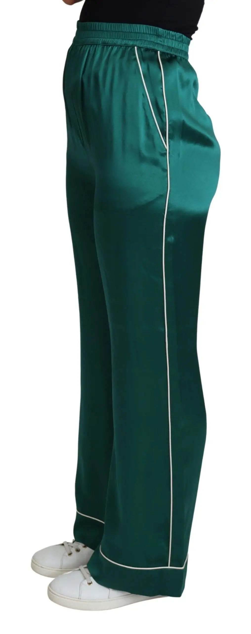 Pantalon de pyjama vert émeraude en satin dolce gabbana avec liseré blanc sur les côtés et les poignets en soie