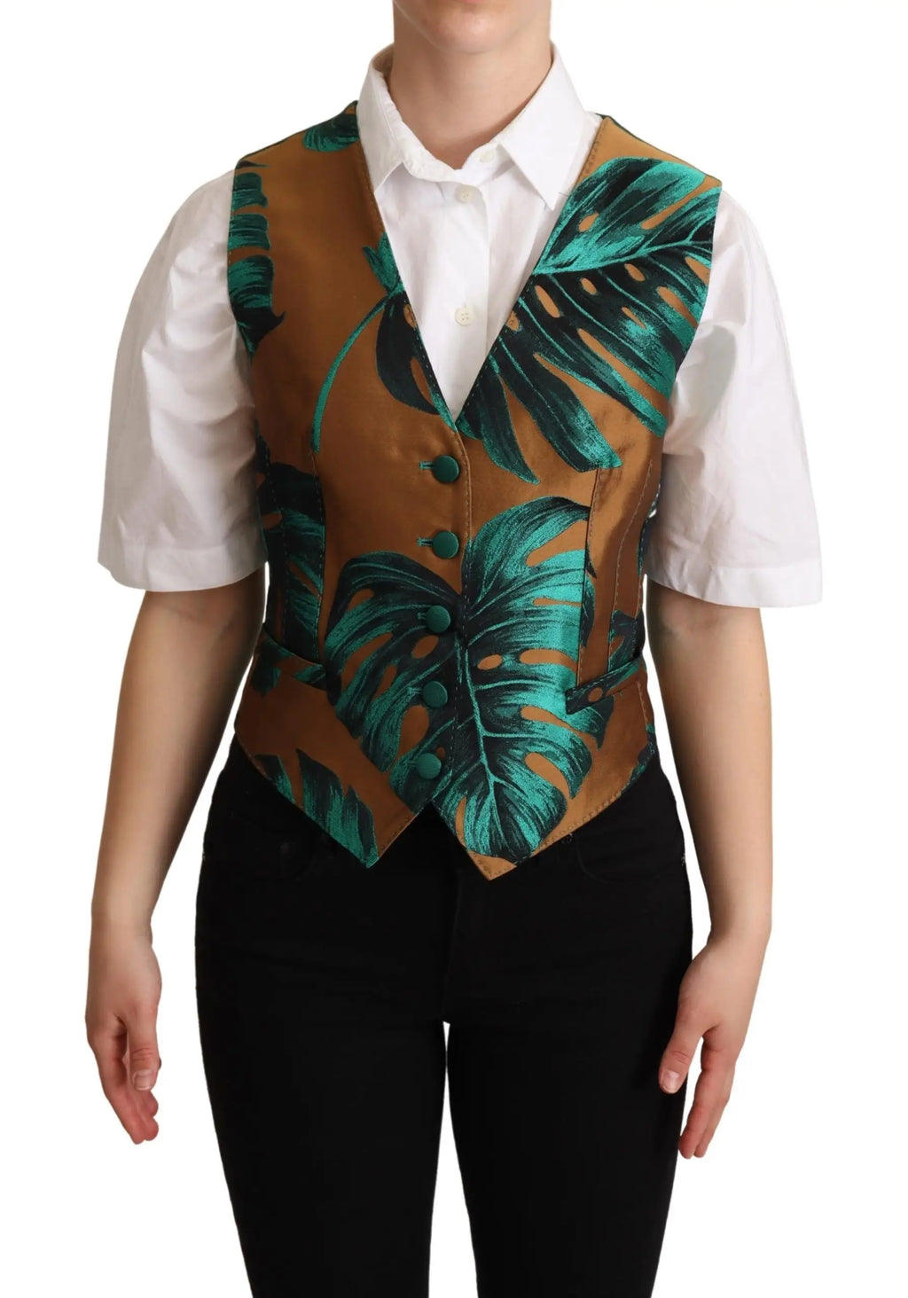 Dolce & gabbana green jacquard leaf gold waistcoat vest en tissu jacquard avec imprimé feuilles tropicales marron et teal fermeture à boutons