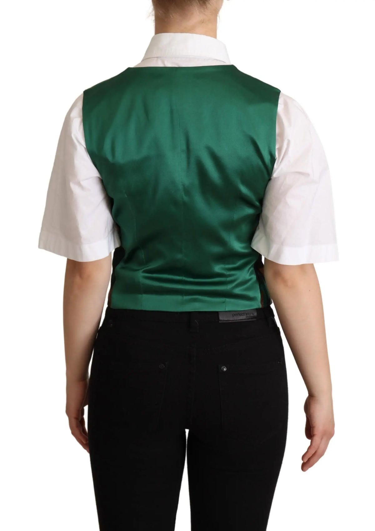 Dolce & Gabbana green jacquard leaf gold waistcoat vest in emerald green satin worn over a white collared shirt