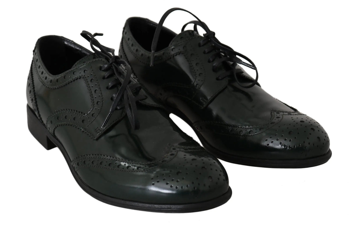 Dolce & gabbana green leather brogue oxford wingtip shoes with black patent leather perforated brogue detailing and laces