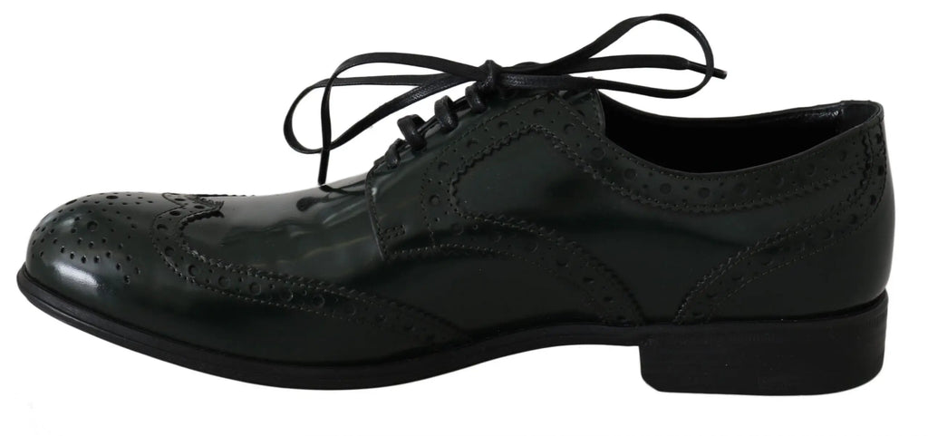 Dolce & gabbana chaussures brogue oxford en cuir vert avec perforations et talon bas en cuir verni noir