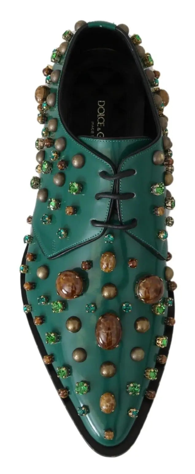 Chaussure derby en cuir vert émeraude dolce & gabbana ornée de cristaux marron et verts raffinés