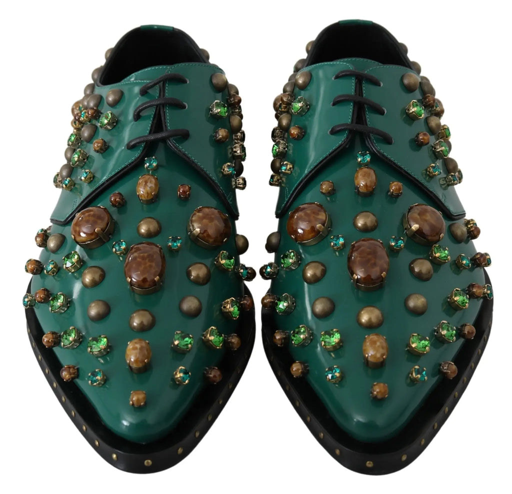 Dolce & gabbana chaussures brogues en cuir vert émeraude ornées de cristaux marron et bleu sarcelle