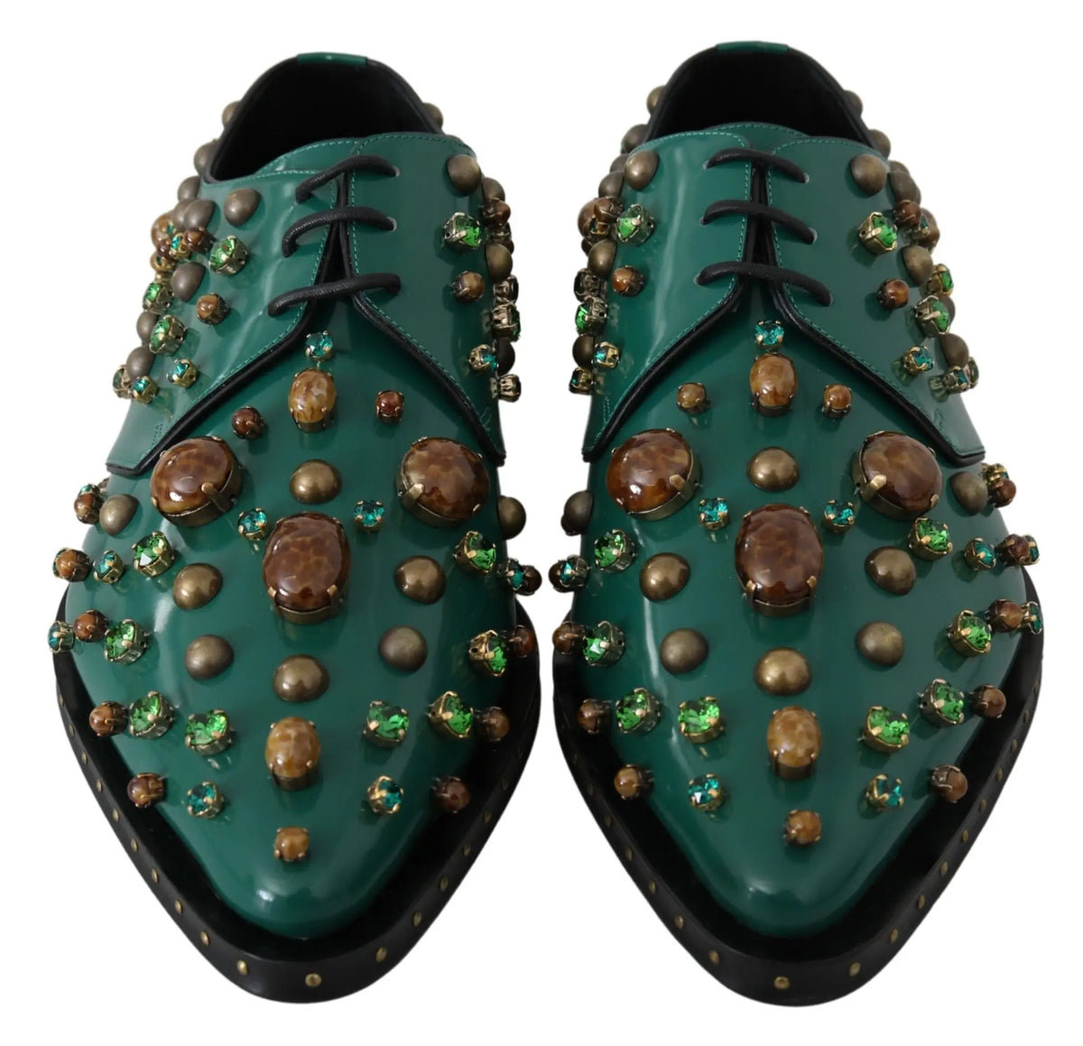 Dolce & gabbana chaussures brogues en cuir vert émeraude ornées de cristaux marron et bleu sarcelle